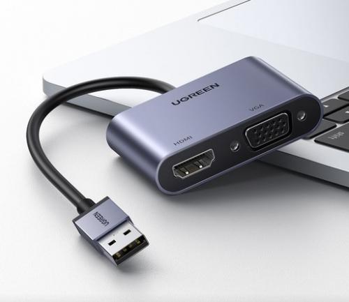 Хаб USB Ugreen CM449 USB 3.0 to HDMI+VGA Card 1080P Grey 20518. Фото 1 в описании