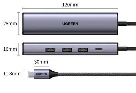 Хаб Ugreen CM475 USB-C to 3xUSB3.0 Hub+RJ45 Grey 60600. Фото 10 в описании