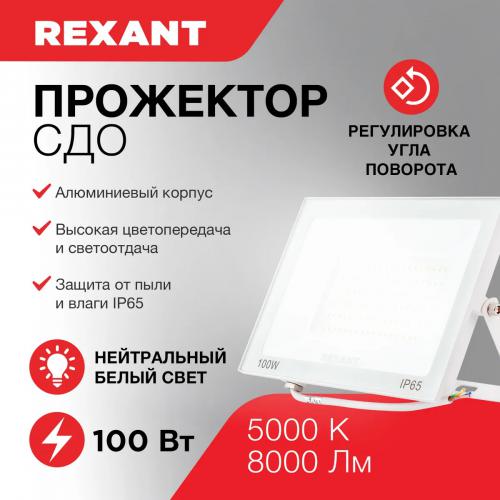 Прожектор Rexant СДО 100W 8000Lm 5000K 605-027. Фото 1 в описании