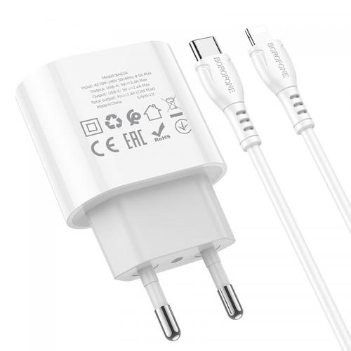 Зарядное устройство Borofone BA62A Wiseacre 1xUSB + USB-C + кабель Lightning White 6974443383041. Фото 2 в описании