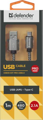 Аксессуар Defender USB09-03T Pro USB2.0 AM - Type-C 1.0m 2.1A White 87815. Фото 3 в описании