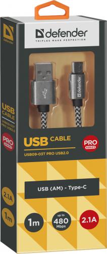 Аксессуар Defender USB09-03T Pro USB2.0 AM - Type-C 1.0m 2.1A White 87815. Фото 2 в описании