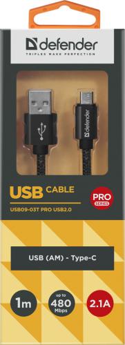 Аксессуар Defender USB09-03T Pro USB2.0 AM - Type-C 1.0m 2.1A Black 87814. Фото 3 в описании