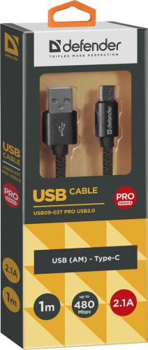 Аксессуар Defender USB09-03T Pro USB2.0 AM - Type-C 1.0m 2.1A Black 87814. Фото 2 в описании