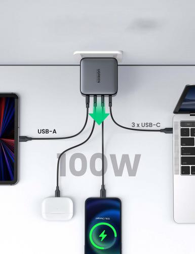 Зарядное устройство Ugreen USB A + 3xUSB-C 100W GaN 40747. Фото 2 в описании